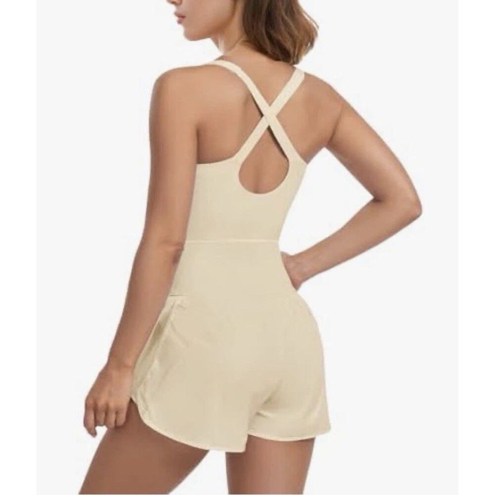 Womens Workout Romper One Piece Bodysuit Shorts Jumpsuit Gym Yoga Athletic Beige - Picture 2 of 6
